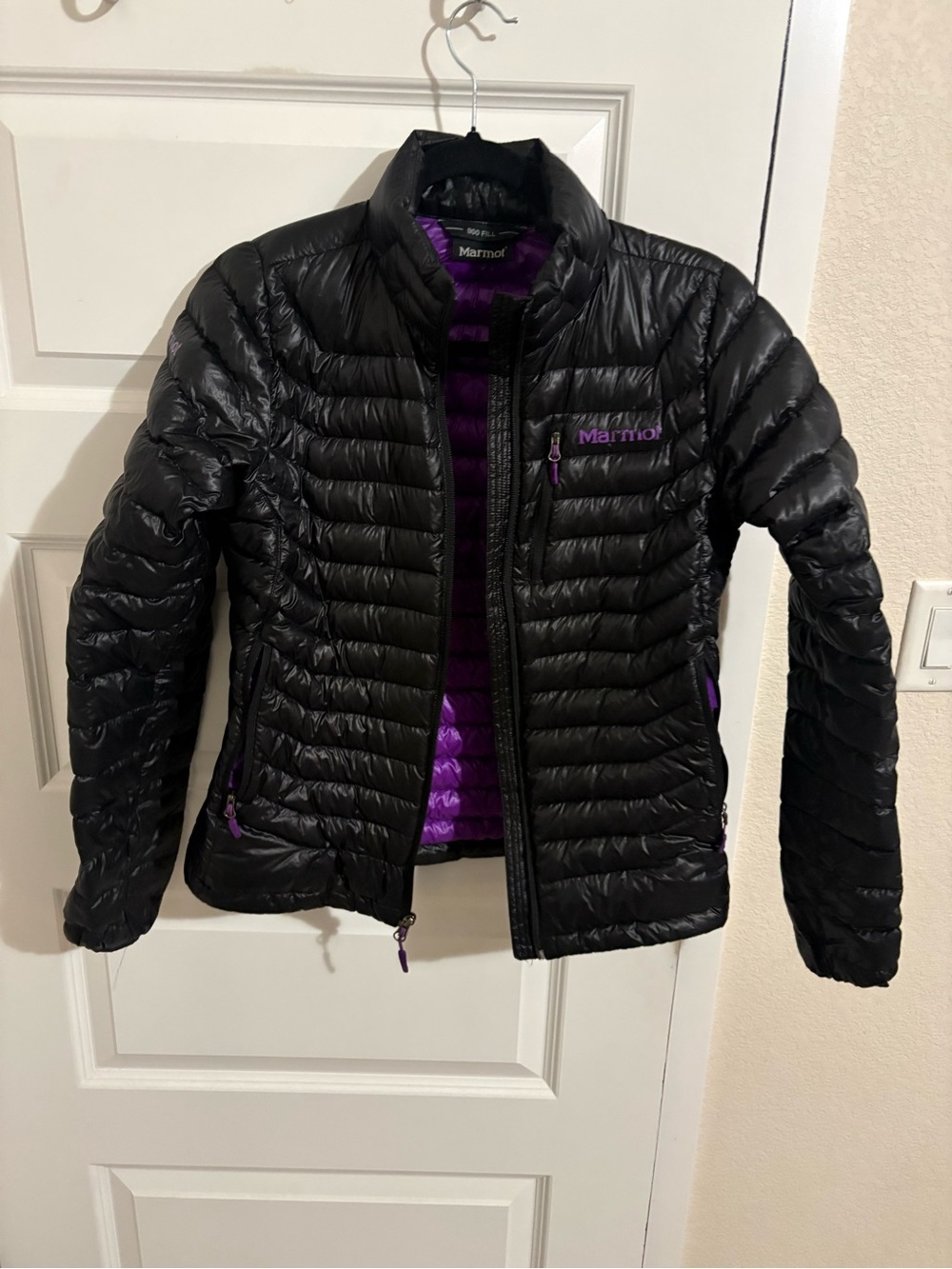 Marmot Women's Black Puffer Jacket with Purple Interior